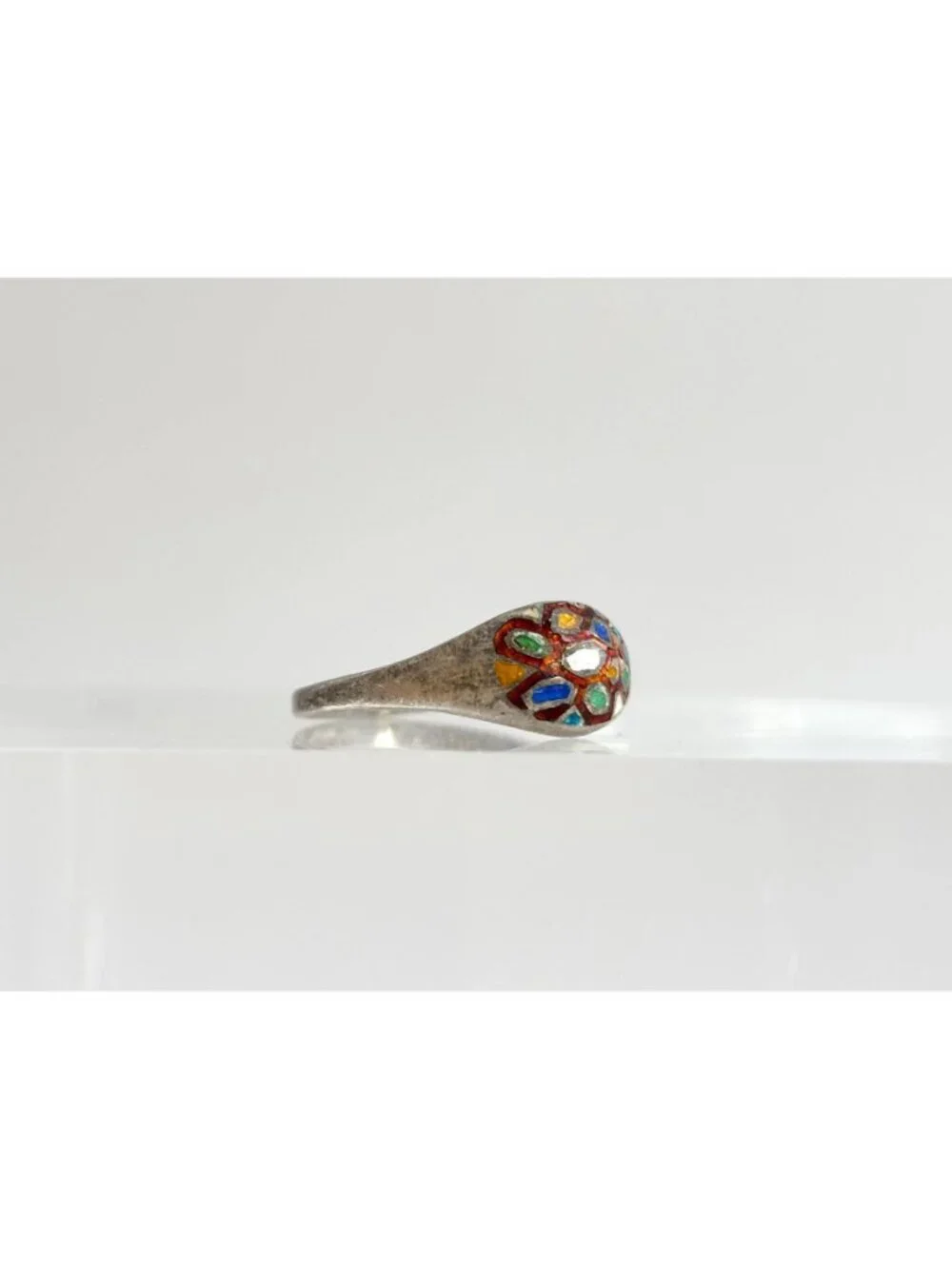 Patchwork Enameled Domed Thailand Made Sterling Silver 925 Vintage Ring - sz 7